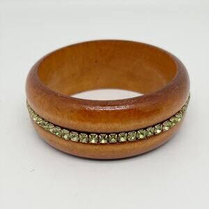 Vintage Wooden Bangle Bracelet With Light Green Stones